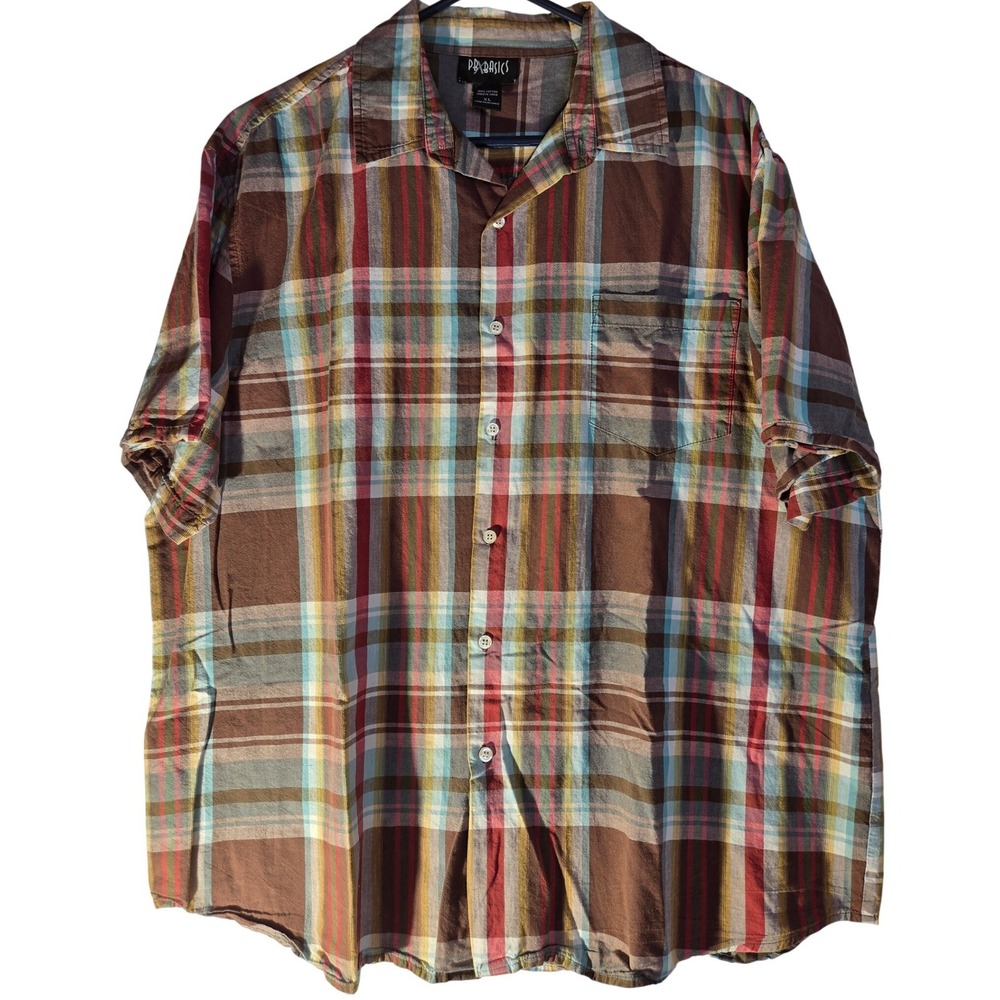 PB Basics Mens XL Plaid Button Up Shirt Short Sleeve Brown Blue Cotton